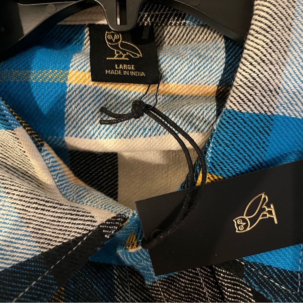 Octobers Very Own (OVO) Blue and Cream Plaid Shirt with Red Graphic - Picture 3 of 4
